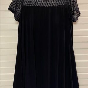 Nina Leonard Women's XL Black Lace Polka Dot S/S Pockets Midi Shift Dress